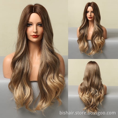 Low price blonde wig with long curly hair wavy wig natural real hair suitable forwomen's daily party brown blonde gradient color